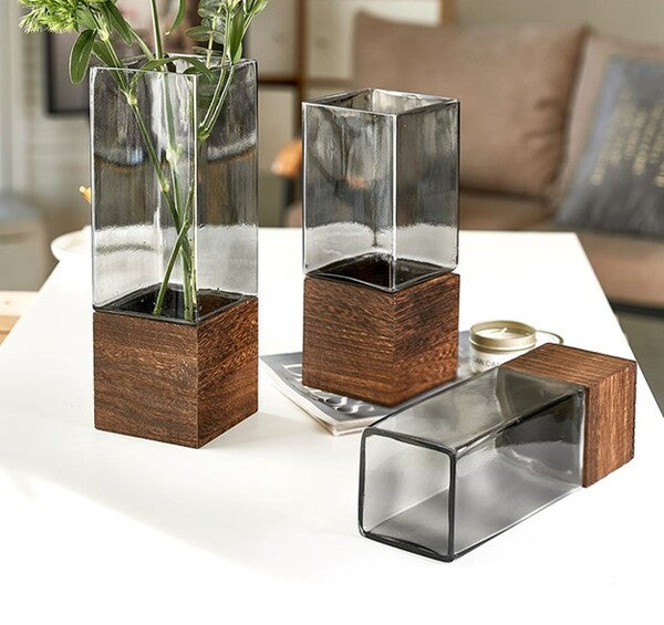 FLORERO CRISTAL C/TOPE MADERA 16X28CM**